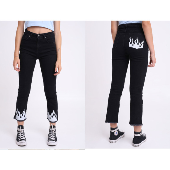 NWT Subdued Black Crop Flare Button Fly Raw Hem Front and Pocket White Flames 26 - Picture 2 of 12